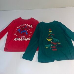 2 Boys Christmas Long Sleeve Shirts Marvel Spiderman Dinosaur Holiday Size 5 6